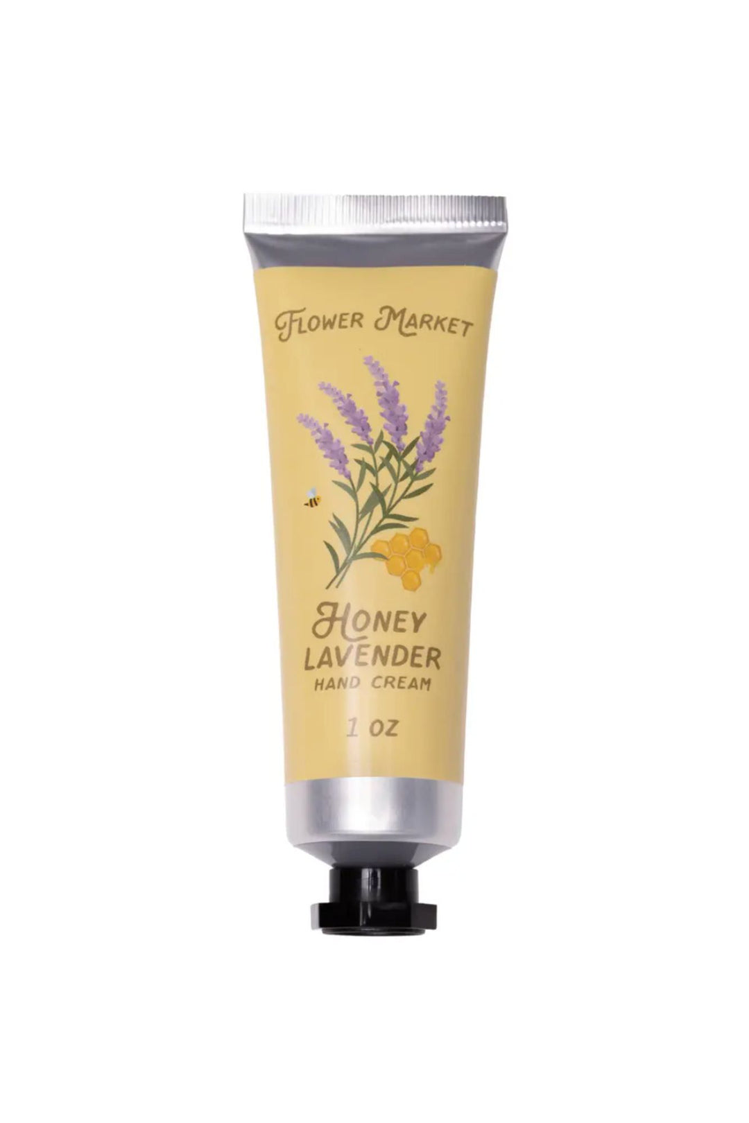 Tube of Flower Market Honey Lavender hand cream with floral illustration and honeycomb graphic.
