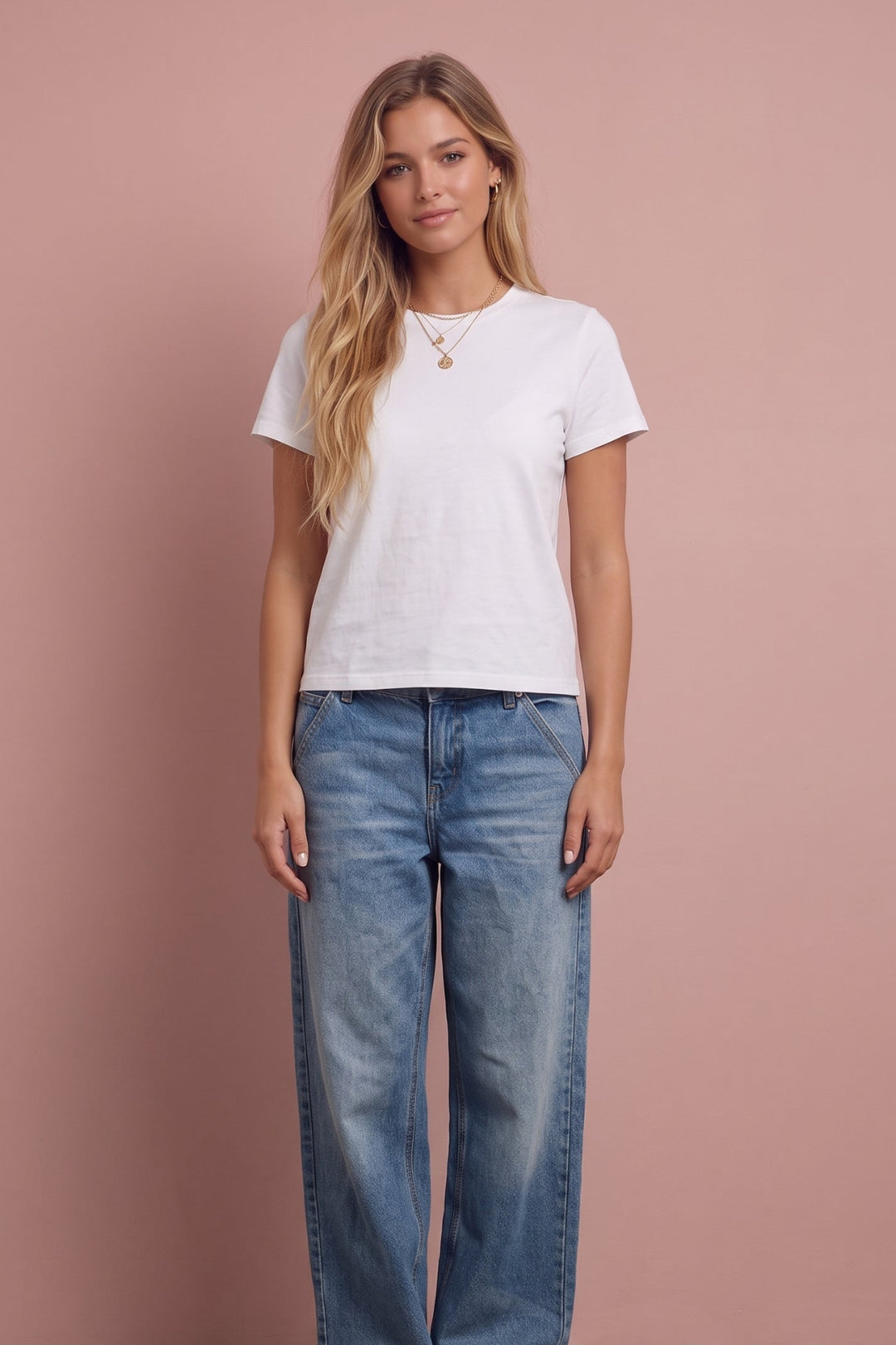 Woman wearing white short-sleeve cotton tee and blue jeans against pink background.