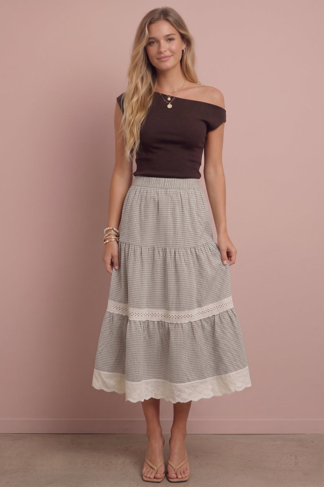 Josie Gingham Tiered Midi Skirt