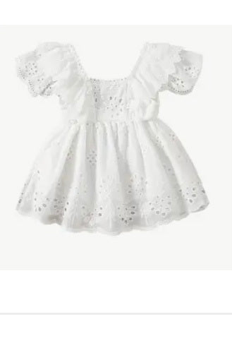 A white eyelet lace puff-sleeve dress with a full, flared skirt and decorative buttons down the front.