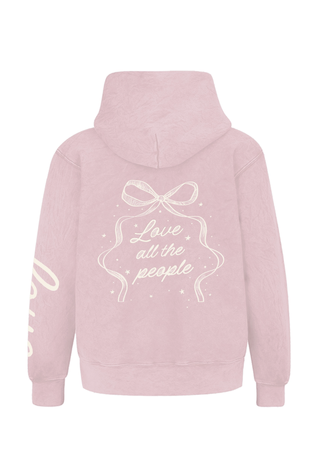 Light pink hooded sweatshirt with white bow graphic and text "Love all the people".