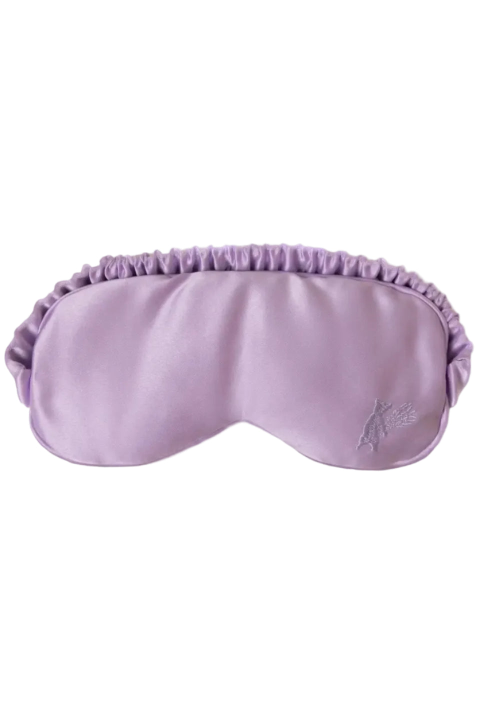 Lavender-colored eye mask made of soft satin with detachable pouch filled with cassia seeds and dried lavender flowers.