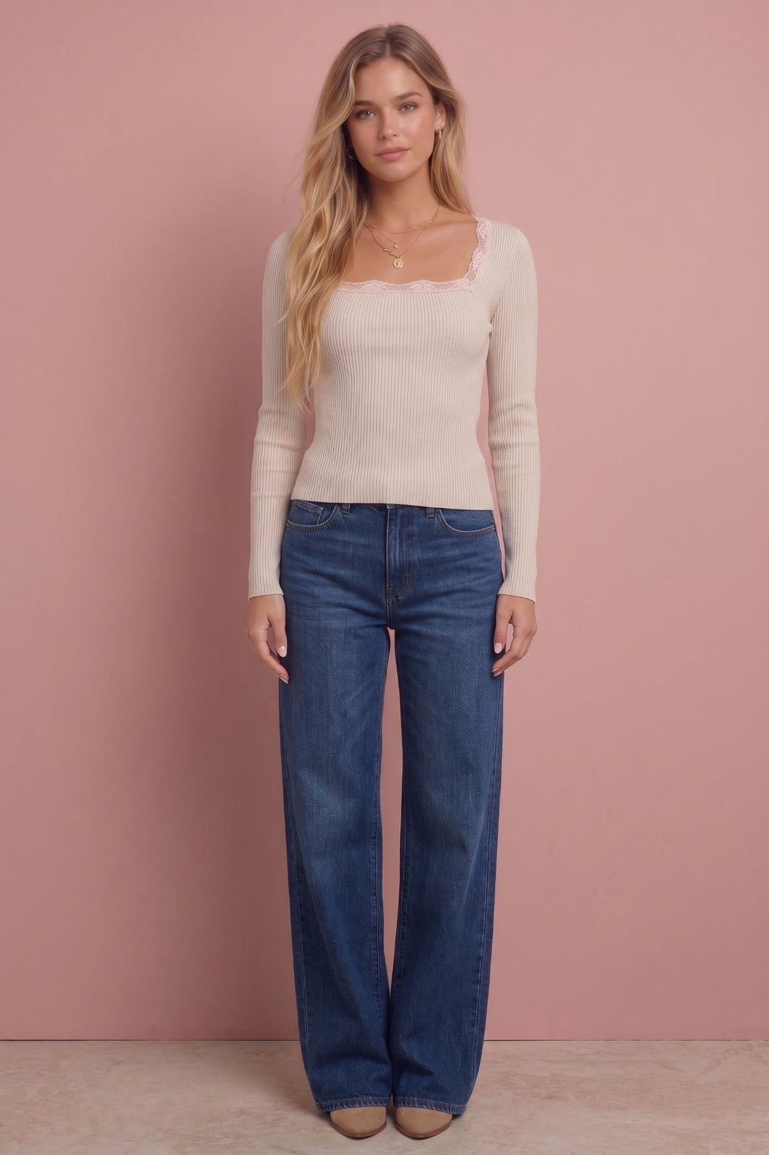 Leslie Square Neck Knit Top in cream, long sleeves, square neckline with lace trim, paired with blue jeans, front view.