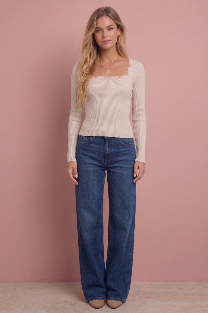 Leslie Square Neck Knit Top in cream, long sleeves, square neckline with lace trim, paired with blue jeans, front view.