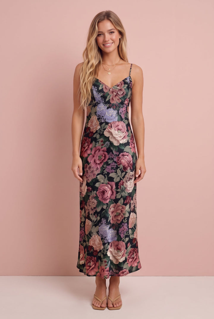 Marcella Floral Slip Dress in black with pink and purple roses, full-length front view.