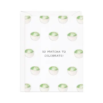 Greeting card with repeating pattern of green and white matcha tea bowls against a white background