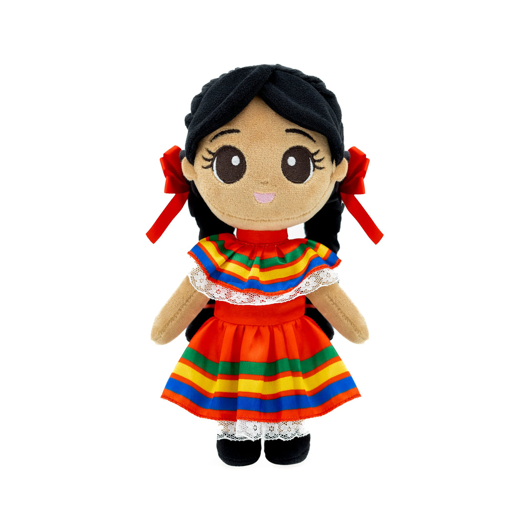 Plush doll with bright, multicolored dress, black braided hair, and large, expressive eyes in a happy, friendly expression.