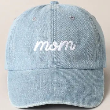 Lightweight blue denim baseball cap with white "mom" embroidered text.