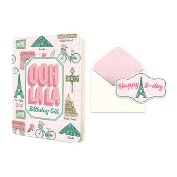 Colorful, whimsical greeting card set featuring Paris-themed illustrations and patterns in pastel pink and green.