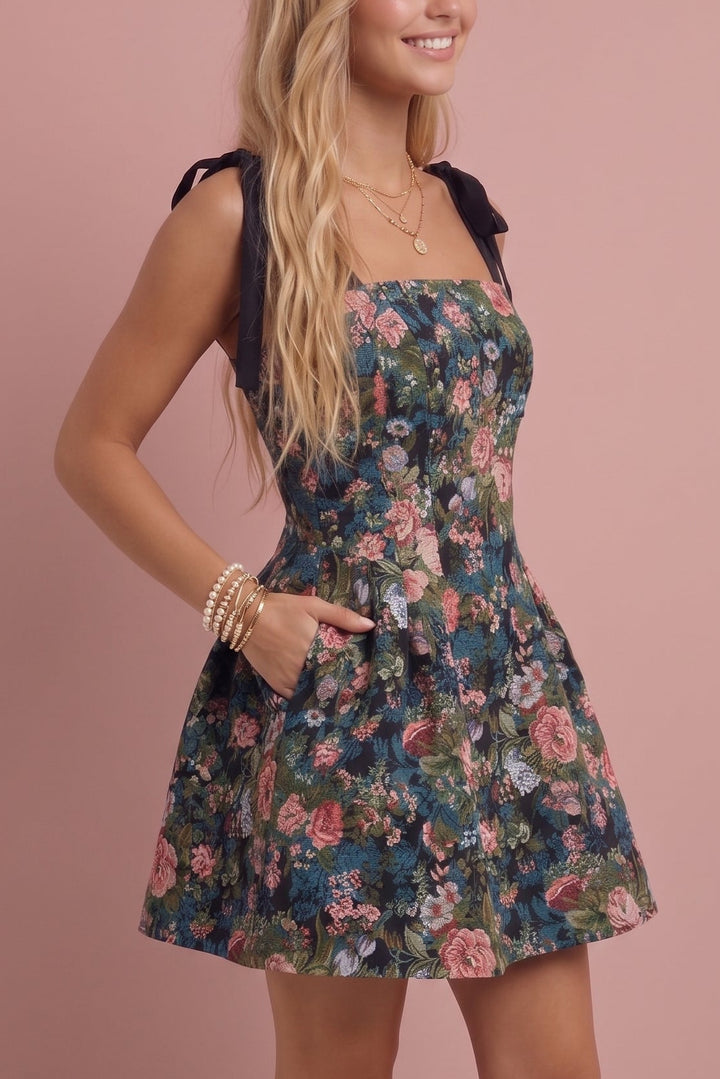 A woman modeling a sleeveless floral mini dress with black shoulder ties, standing against a solid dusty pink studio background.