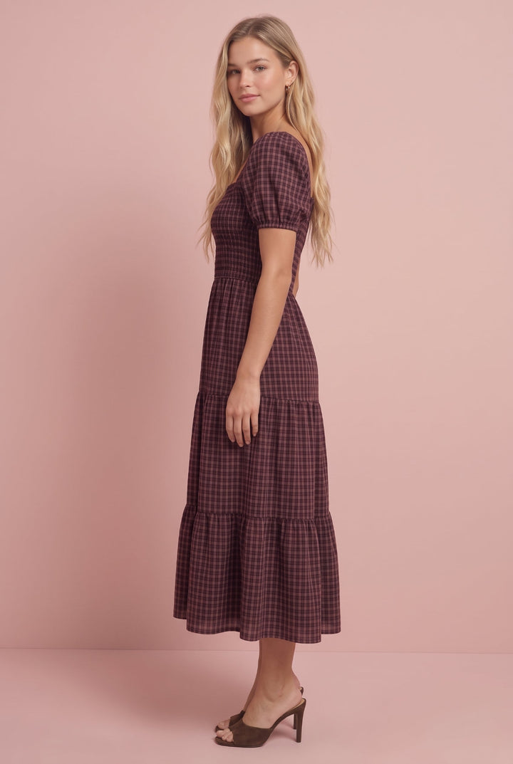 Roxy Plaid Smocked Midi Dress