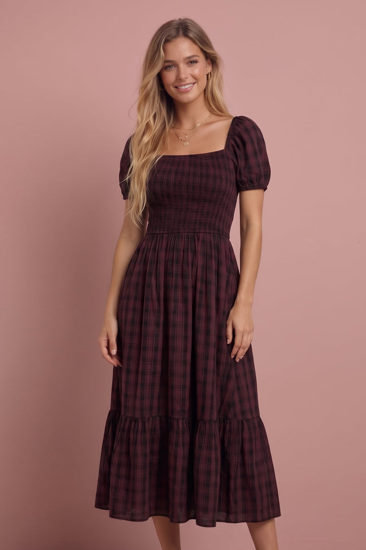 Roxy Plaid Smocked Midi Dress