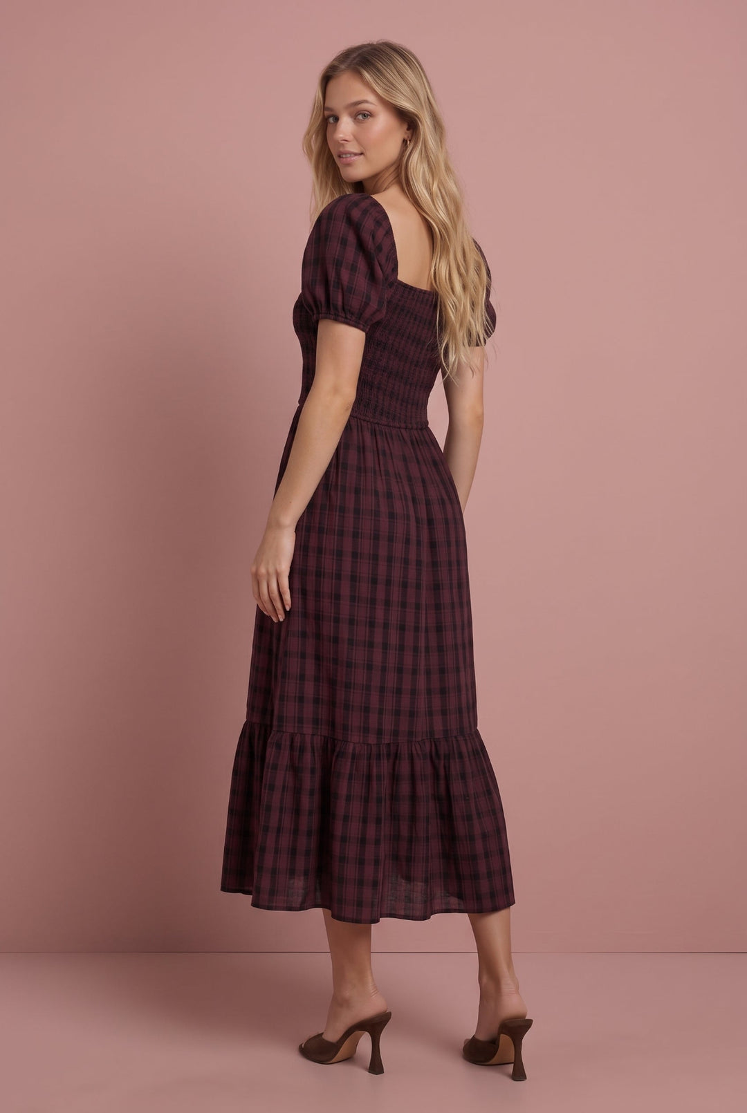 Roxy Plaid Smocked Midi Dress