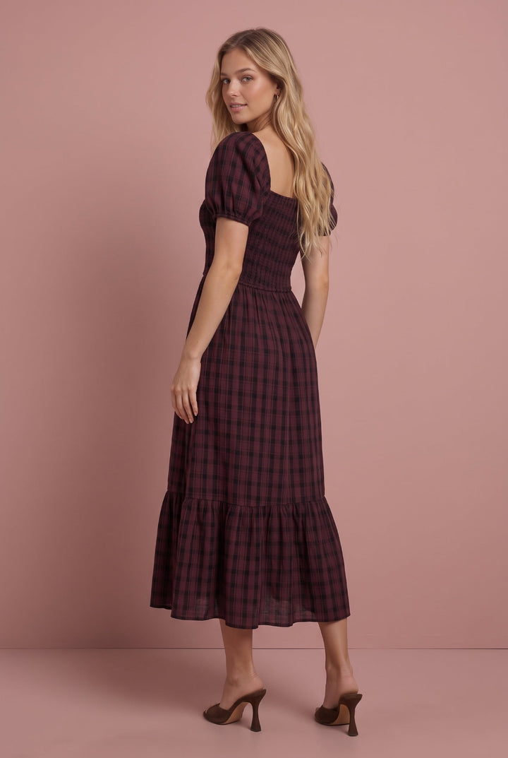 Roxy Plaid Smocked Midi Dress