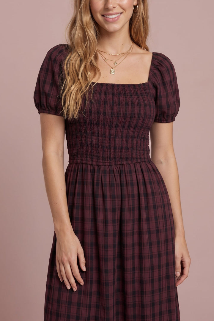 Roxy Plaid Smocked Midi Dress