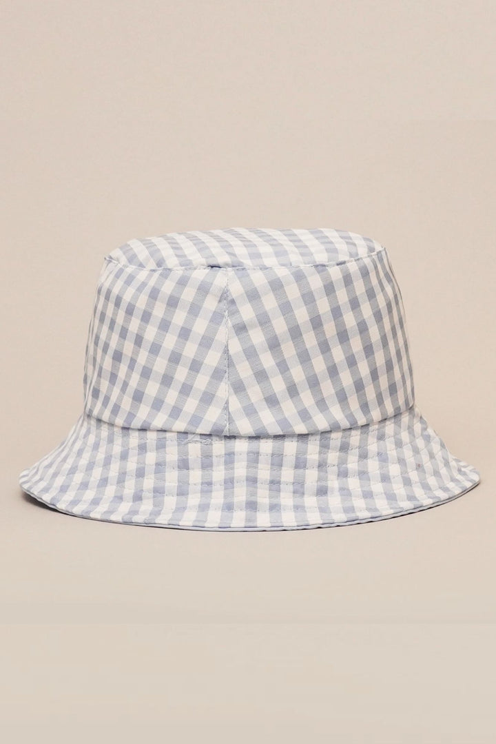 Gray and white gingham reversible bucket hat with a 2.25-inch brim.