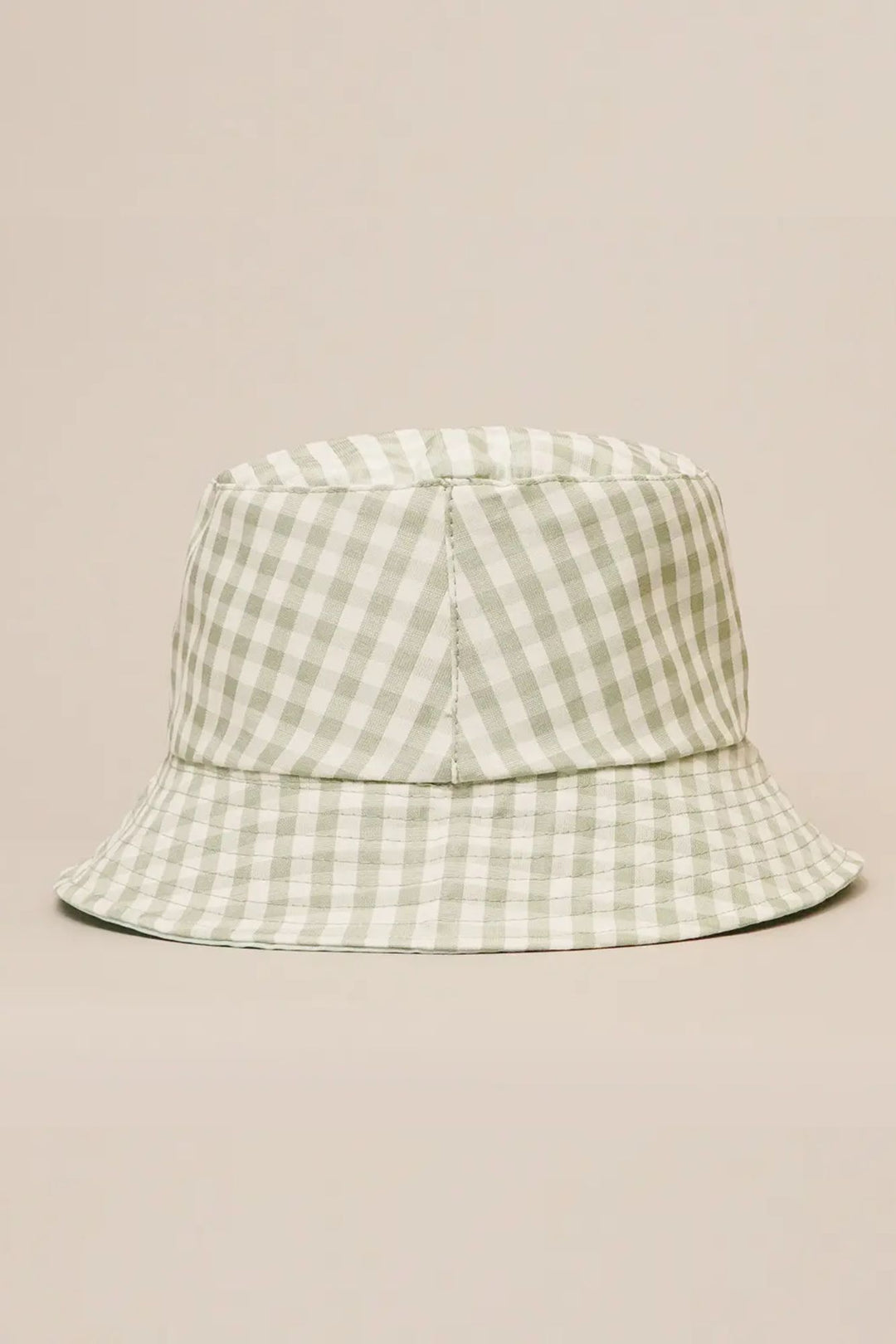 Gingham reversible bucket hat in a light gray and white plaid pattern, with a 2.25-inch brim.