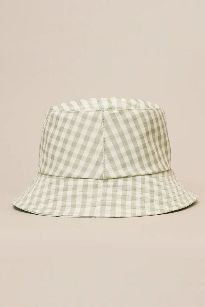 Gingham reversible bucket hat in a light gray and white plaid pattern, with a 2.25-inch brim.