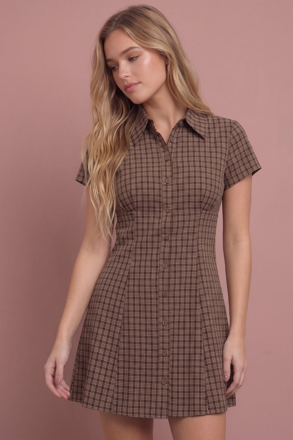 Sasha Plaid Mini Dress in brown and white check, front view on model.