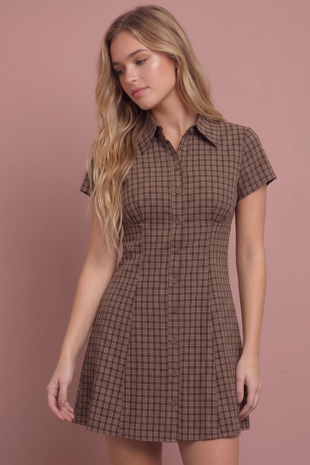 Sasha Plaid Mini Dress in brown and white check, front view on model.