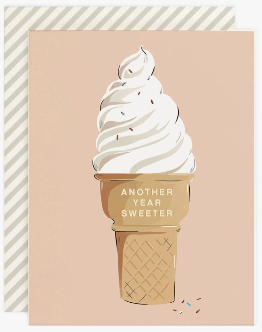 Whimsical illustration of a soft-serve ice cream cone with text "Another year sweeter" on a peach background with striped border.