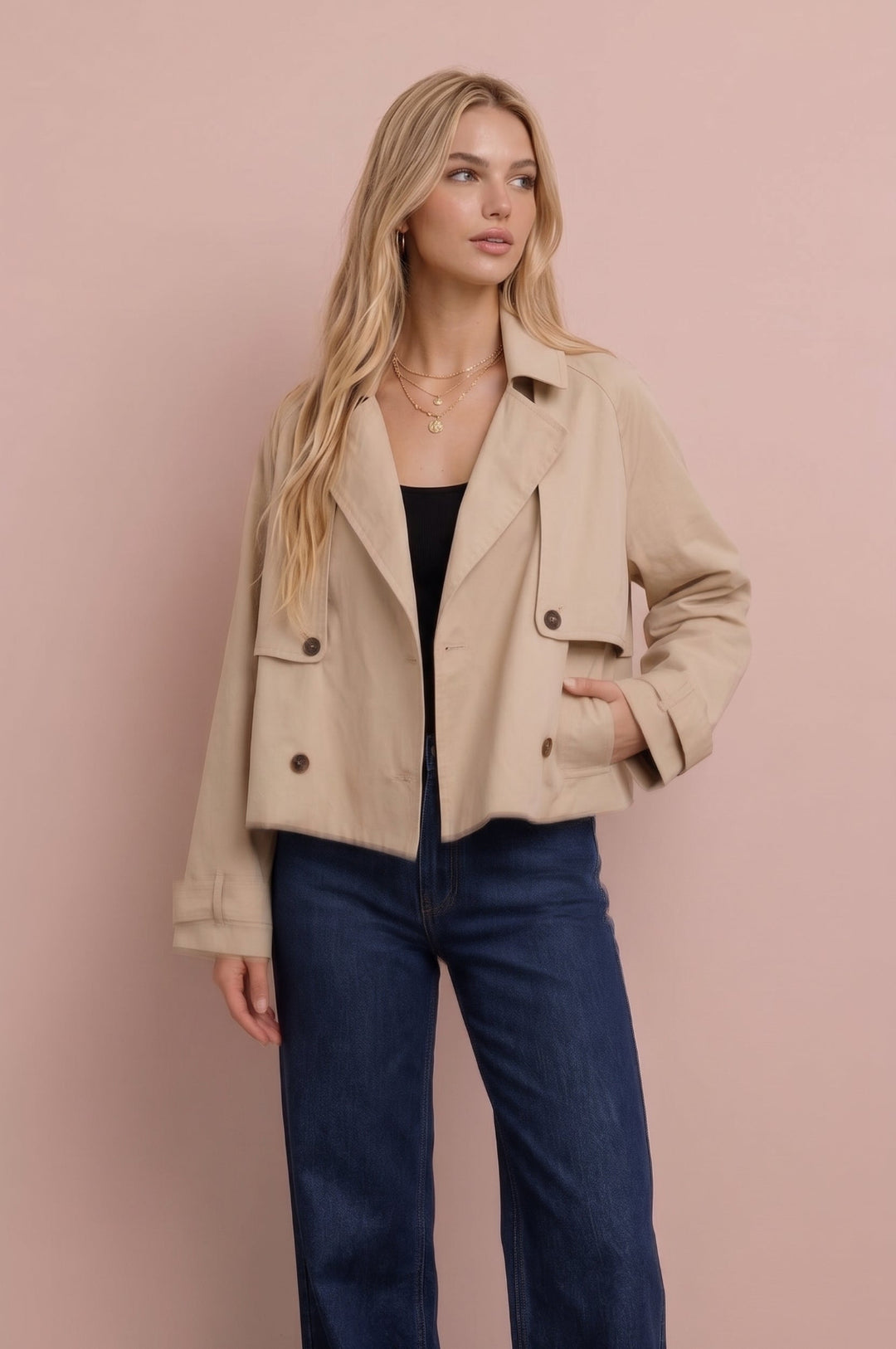 Beige cropped trench jacket styled with dark jeans and black top, front view.