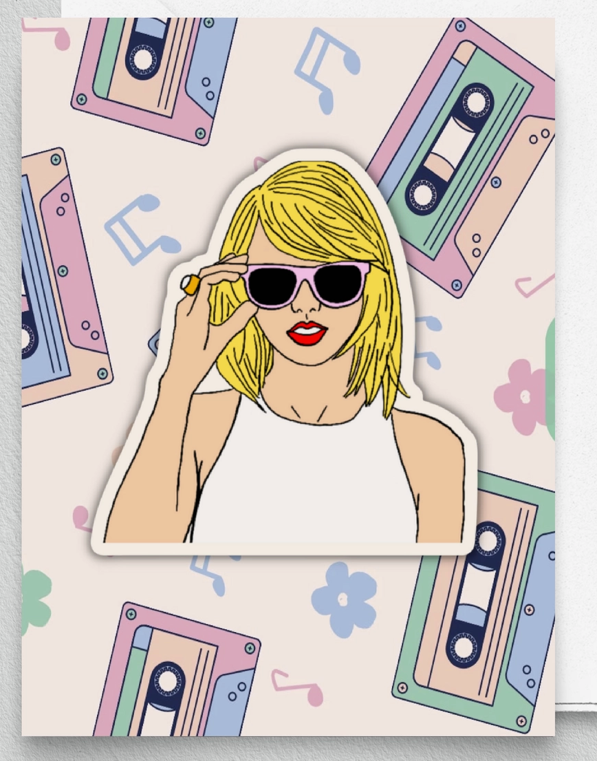 Retro-styled illustration of a blonde woman in sunglasses against a background of colorful cassette tapes.