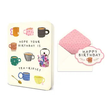 Two colorful birthday cards featuring tea-themed illustrations and polka dot patterns.