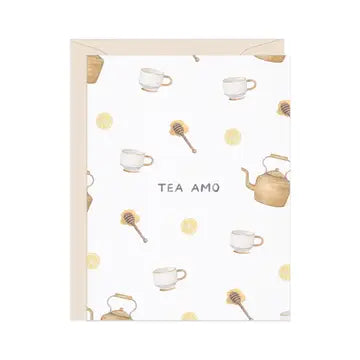 White greeting card with illustrated teapots, teacups, and tea leaves in various shades of brown, beige, and yellow.