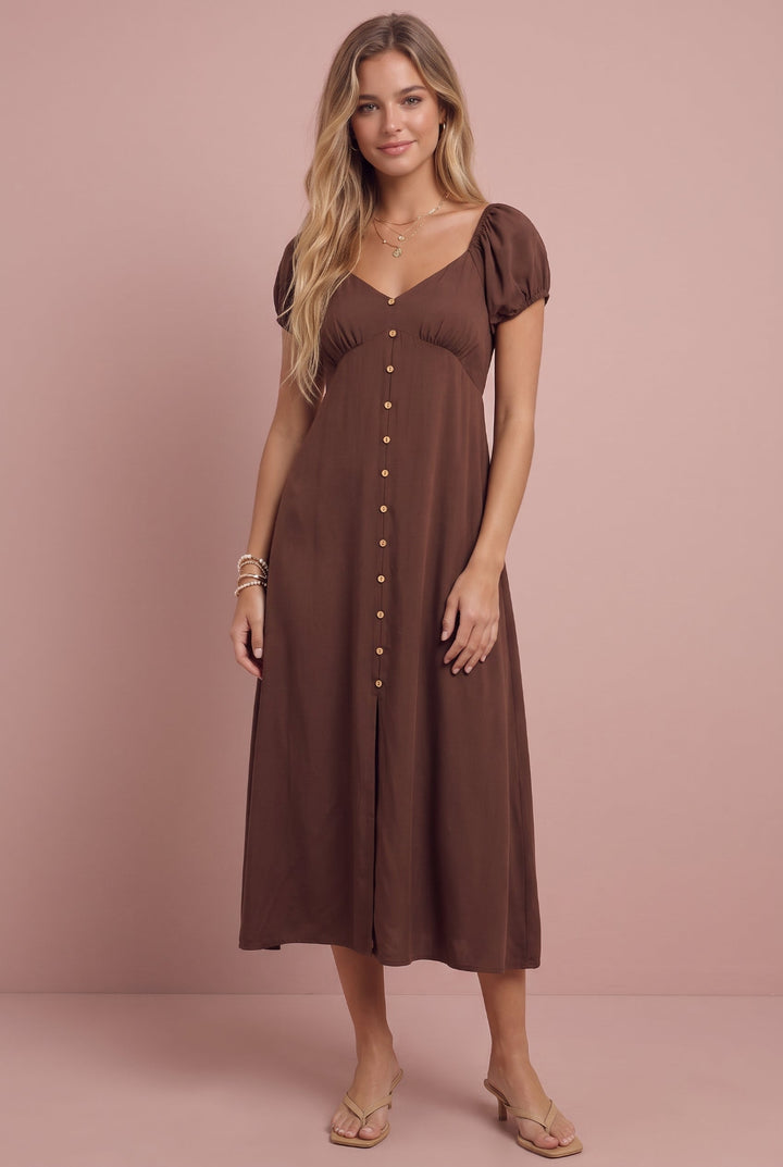 Wendy Smocked Midi Dress in chocolate brown with button front and puffed sleeves, front view.