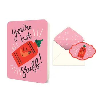 Hot stuff greeting card in pink with a red chili pepper illustration and envelope.