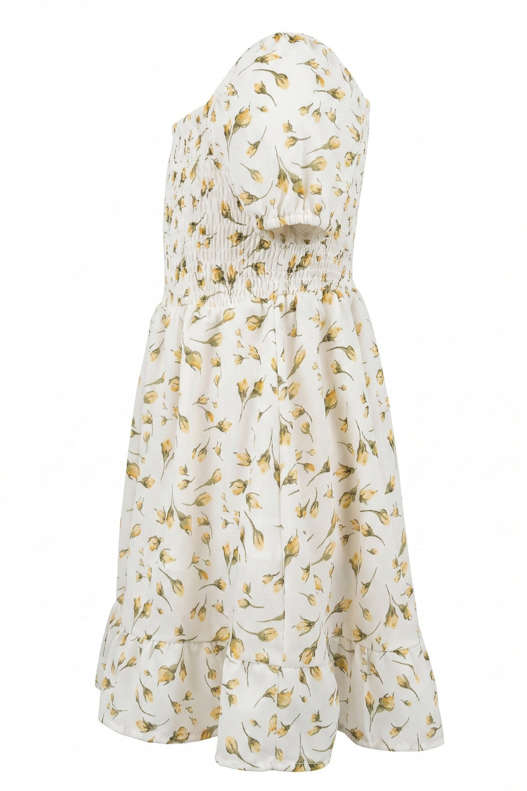 A white dress with a floral print in shades of yellow, featuring a pleated bodice and a skirt with a flowy silhouette.