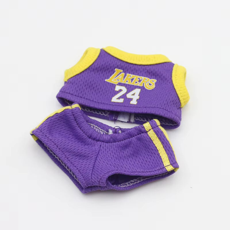 Vibrant purple and yellow basketball jersey featuring the number "24" for Labubu dolls, with matching shorts.