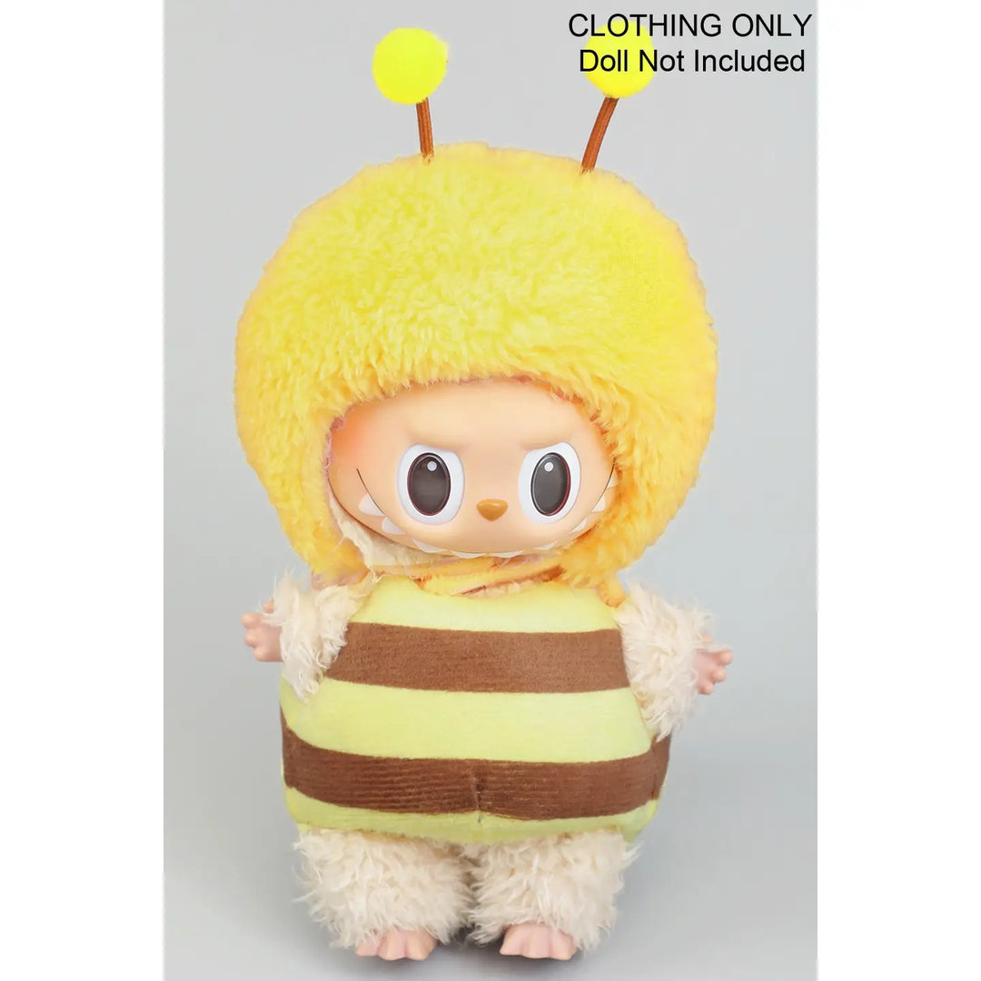A plush, yellow bee-themed Labubu doll with large eyes, antennae, and striped body.