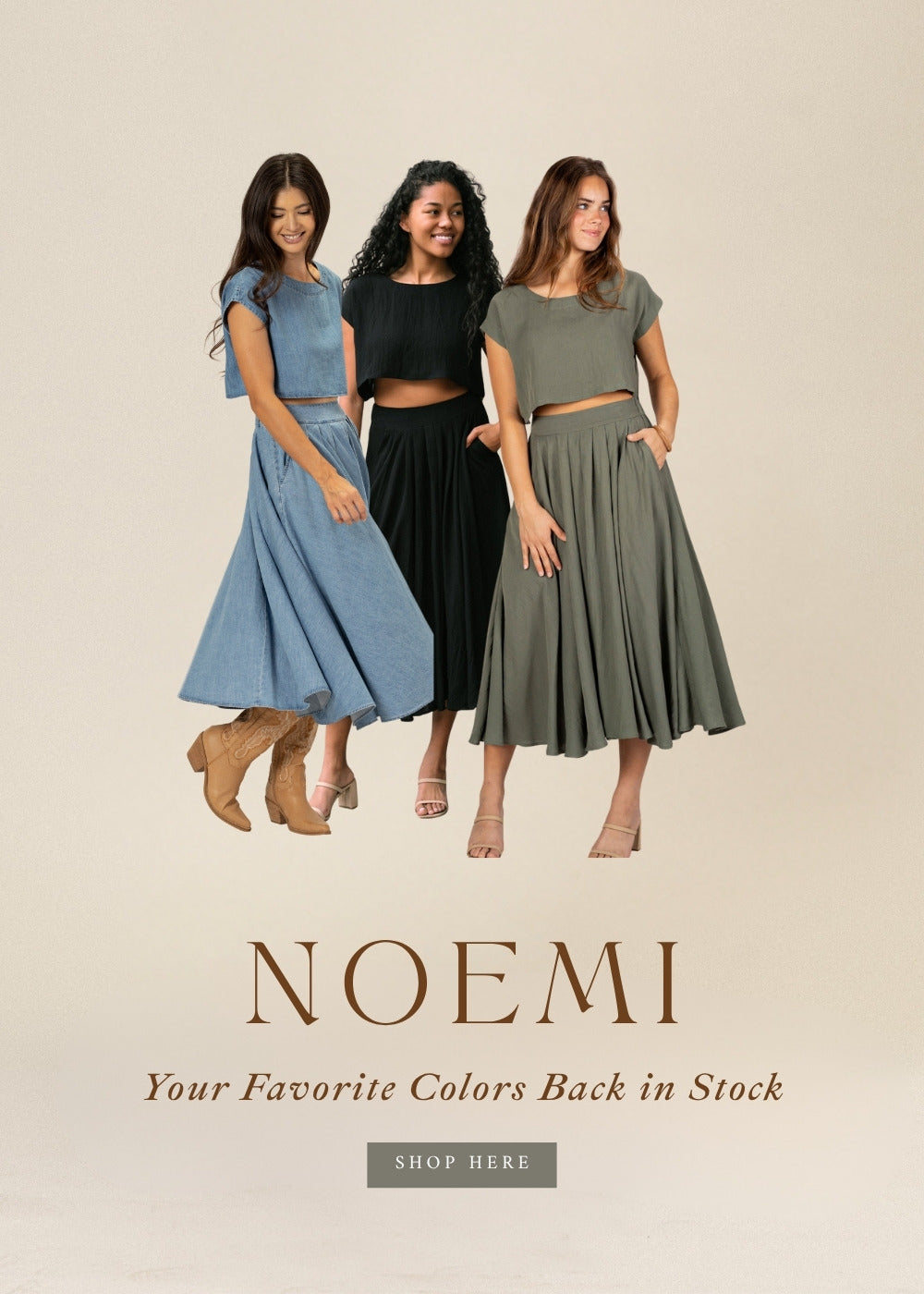 Three women wearing dresses from the brand NOEMI on a beige background.