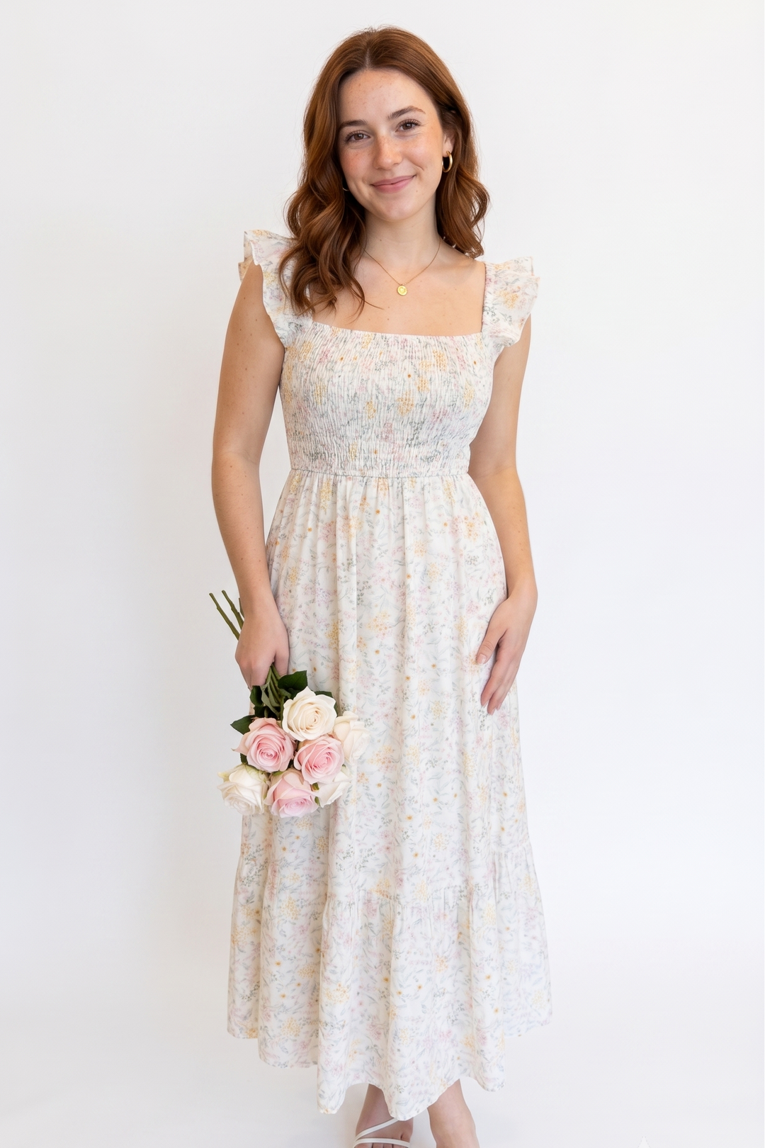 midi white floral dress for women Floral Detail A Line Midi Dress White