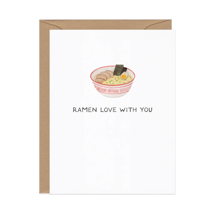 A watercolor illustration of a bowl of ramen noodles with text that reads "Ramen Love with You".
