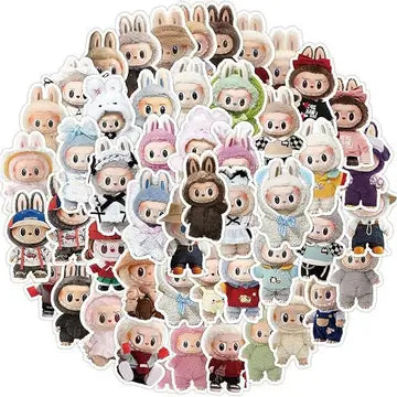 A collage of various cartoon-style Labubu characters in different poses and designs, with a variety of colors, expressions, and details.