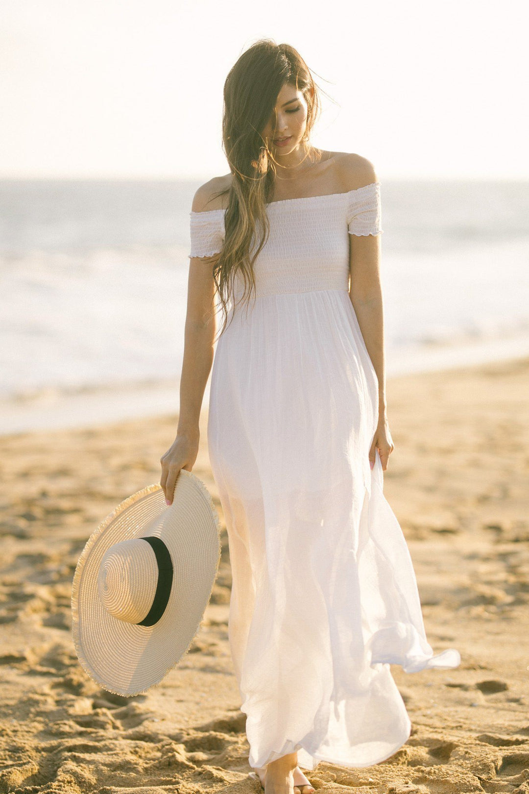 Lucille White Smocked Off the Shoulder Maxi Dress Dresses Aakaa White Small