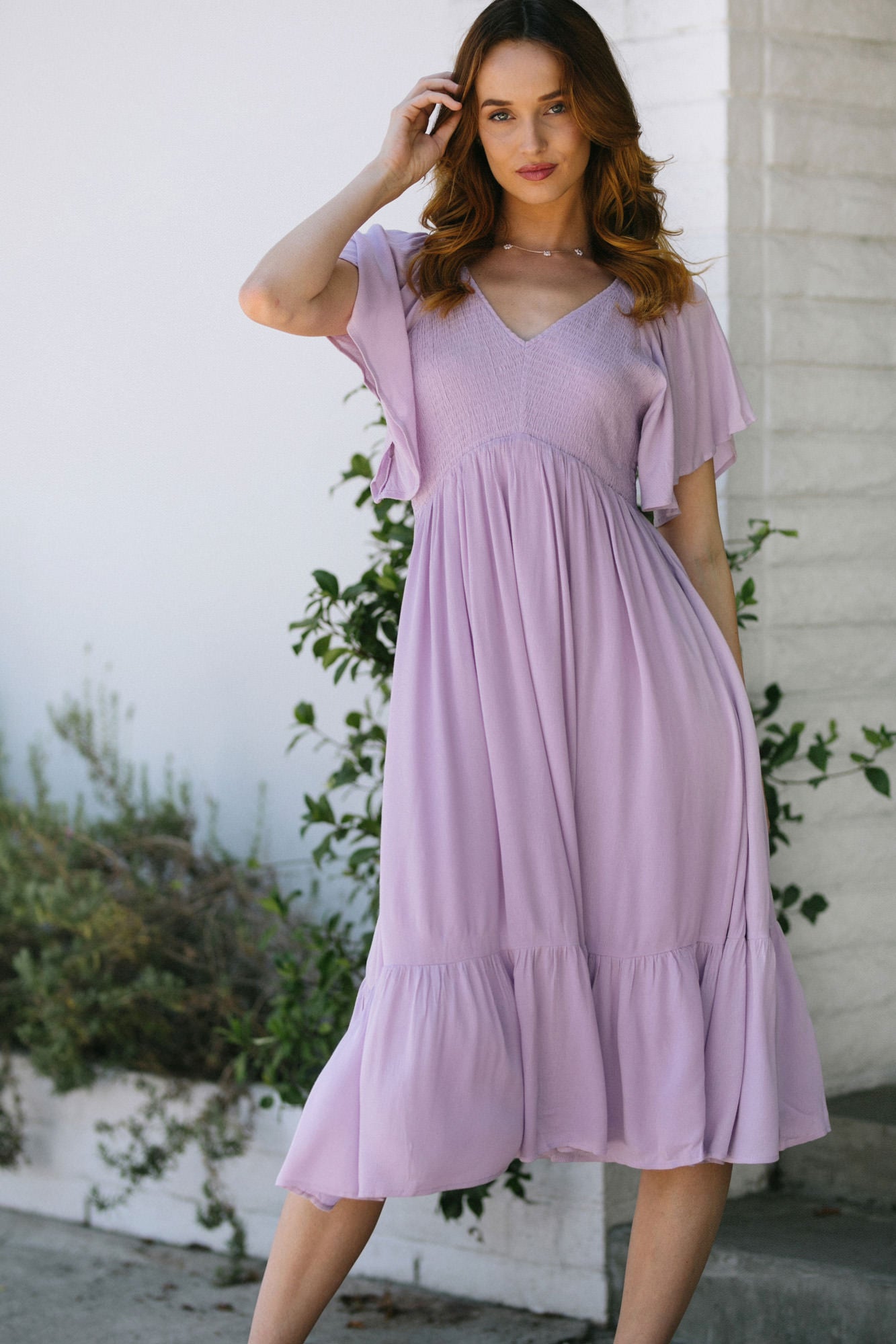 Purple flutter sleeve on sale dress