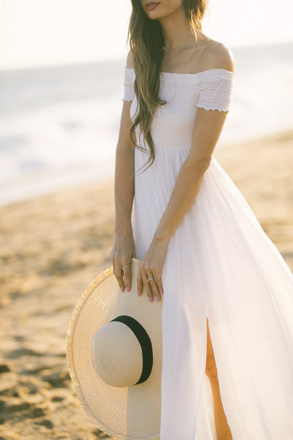 Lucille White Smocked Off the Shoulder Maxi Dress Dresses Aakaa