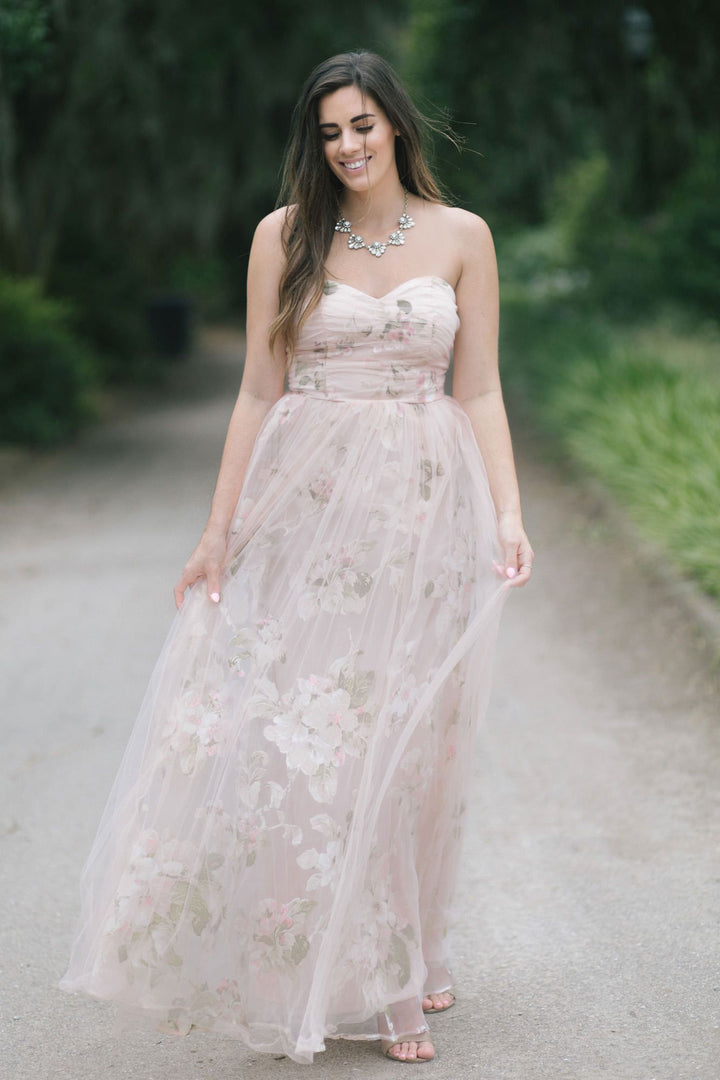 Ellen Blush Floral Tulle Maxi Dress Dresses Maniju