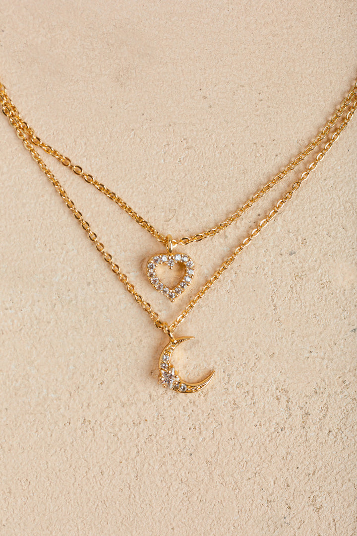 Sloane Crystal Heart and Moon Dainty Necklace