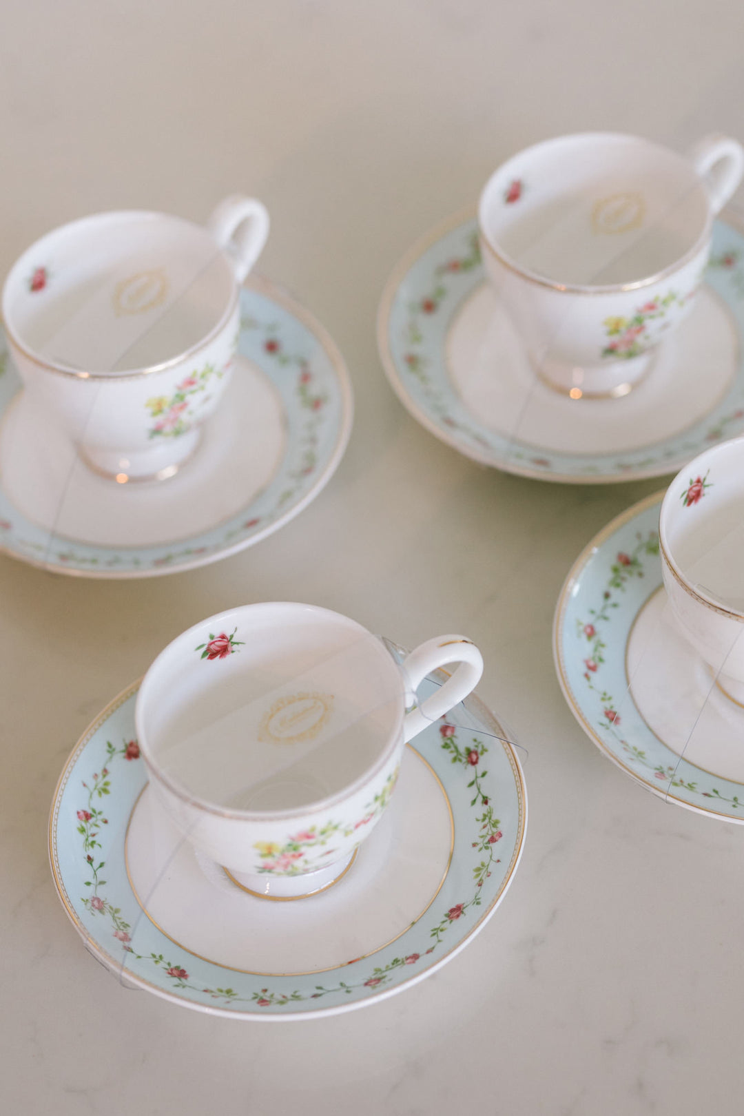 Rose Heart Swag Tea Cups and Saucers, Set of 4