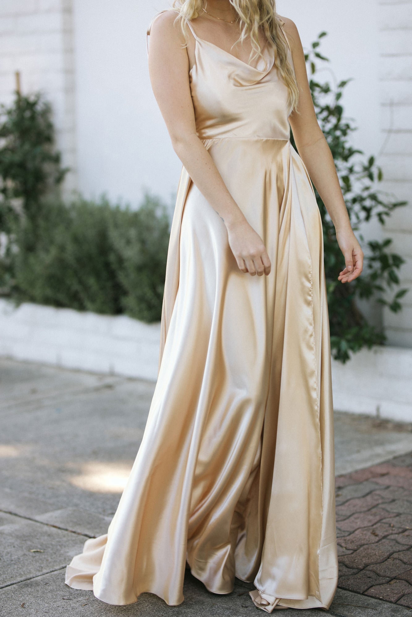 Gold long satin sales dress