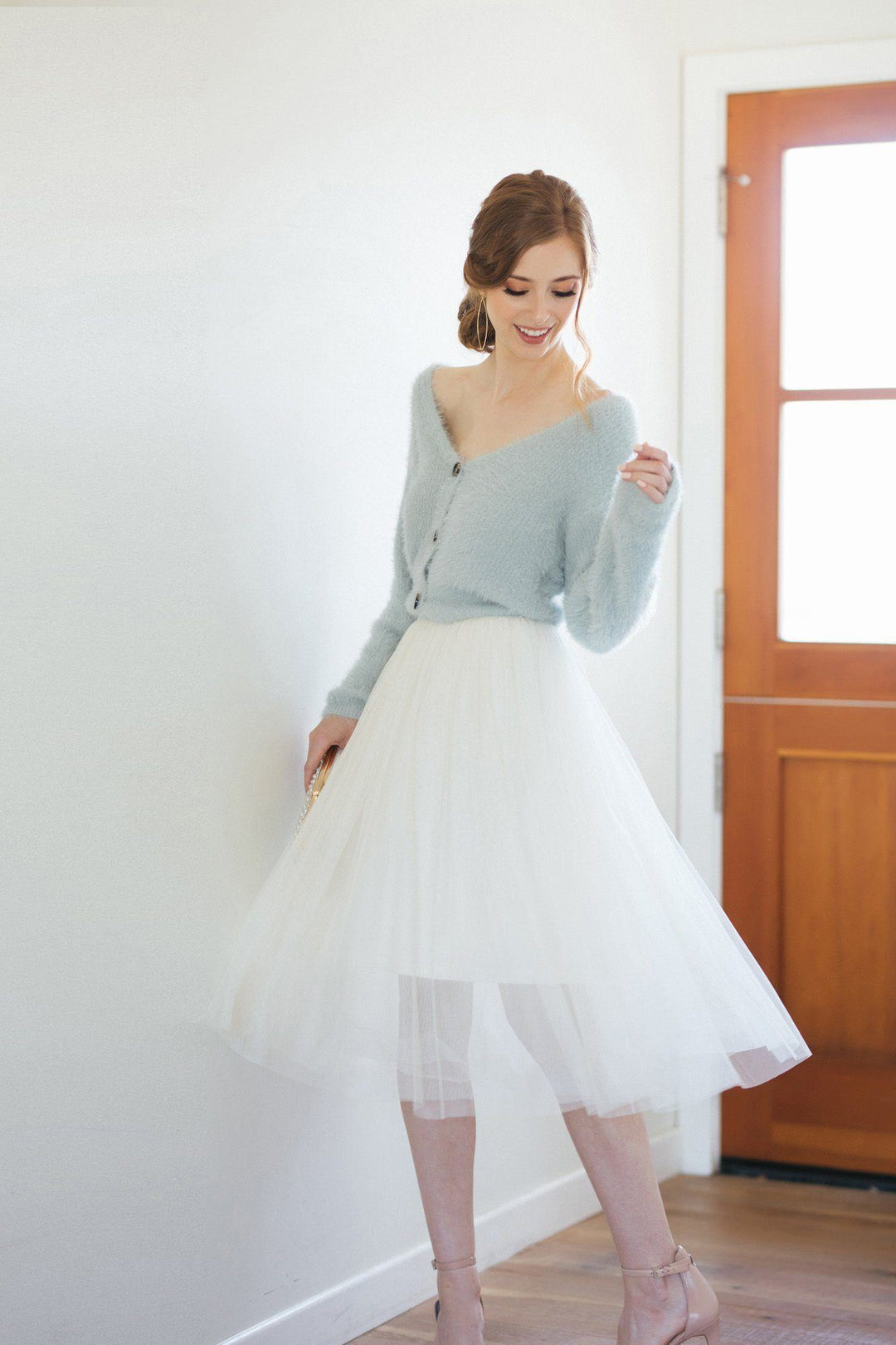 Lady Sweater & Skirt Sets V Neck Loose Beach Pleated Fairy Tulle Dress Pink  Cute