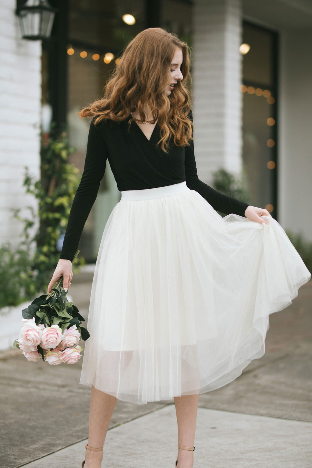 Lace bodysuit with long sleeves and low back with tulle skirt