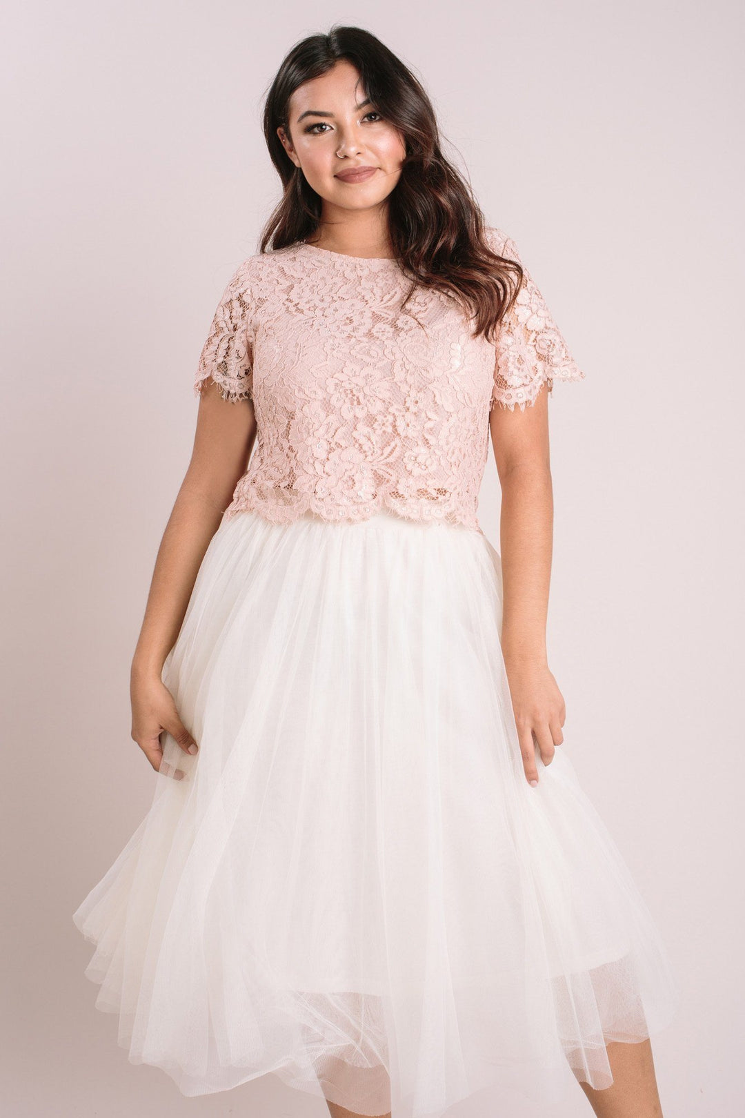 Just Me Tiered Short Sleeve Sweetheart Scallop Lace Dress - Brands We Love