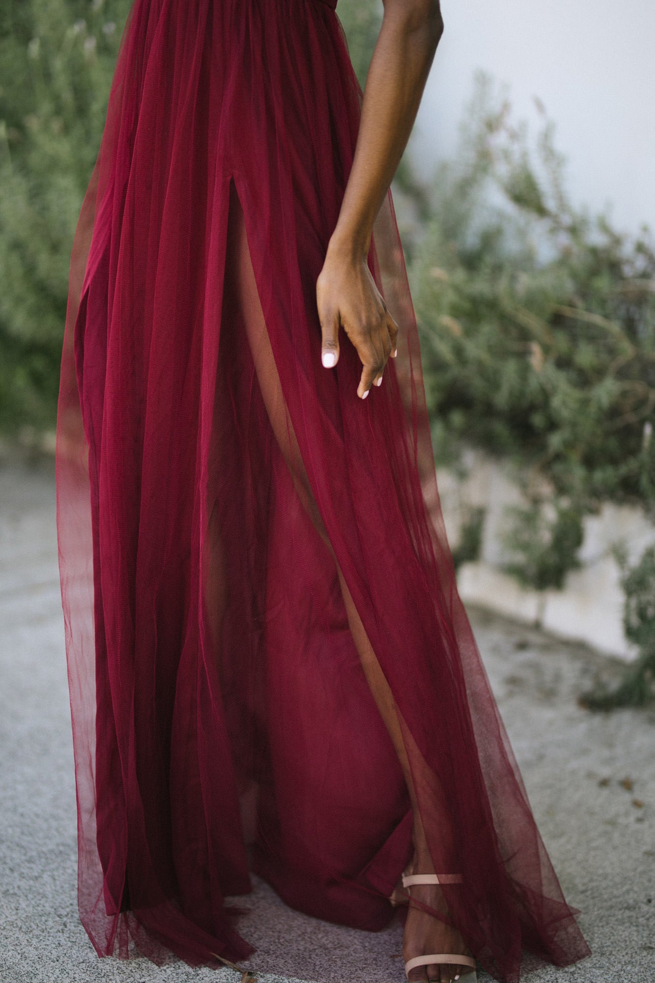 Burgundy tulle maxi sales dress