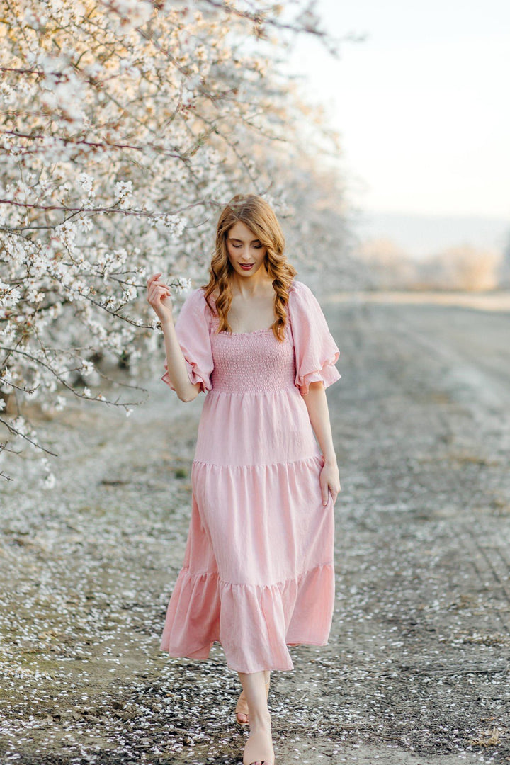 Paige Puff Sleeve Tiered Midi Dress Dresses & Merci Pink Blossom Small 